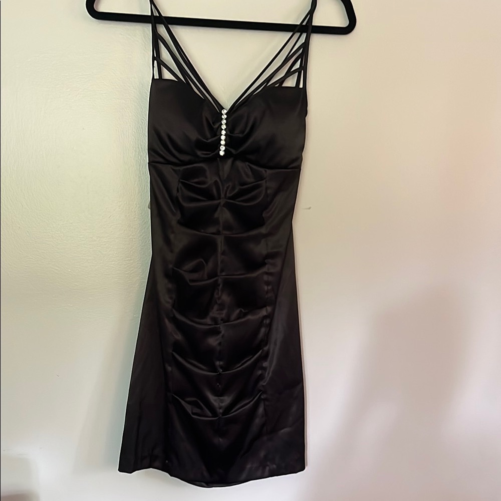 B Darlin Black Ruched Mini Dress Spaghetti Strap V-Neck